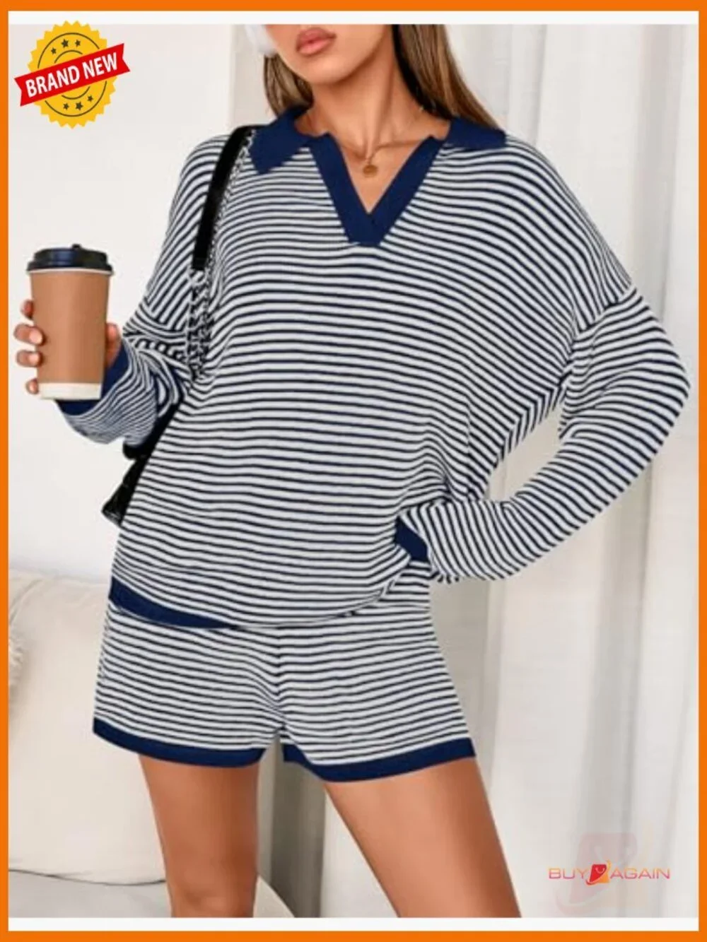 2 Piece Lounge Set Long Sleeve Striped Top & Shorts Matching Outfit Loungewear